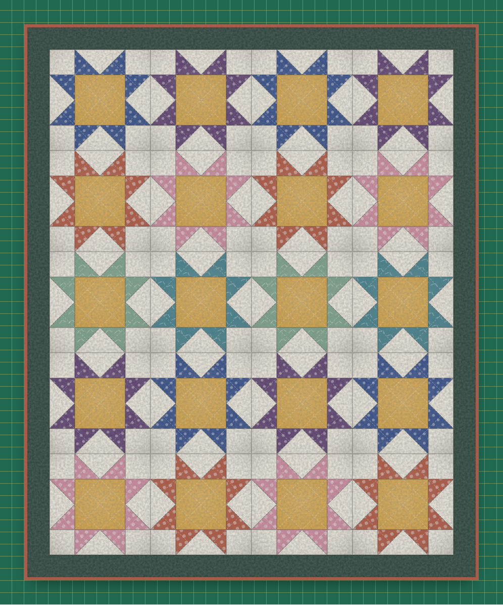 A sawtooth star throw quilt drawn by Quilt to Size, on a green cutting mat